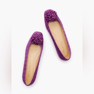 Talbots Stella Pom Pom Embossed Croc Leather Flats Size 6.5M Purple EUC